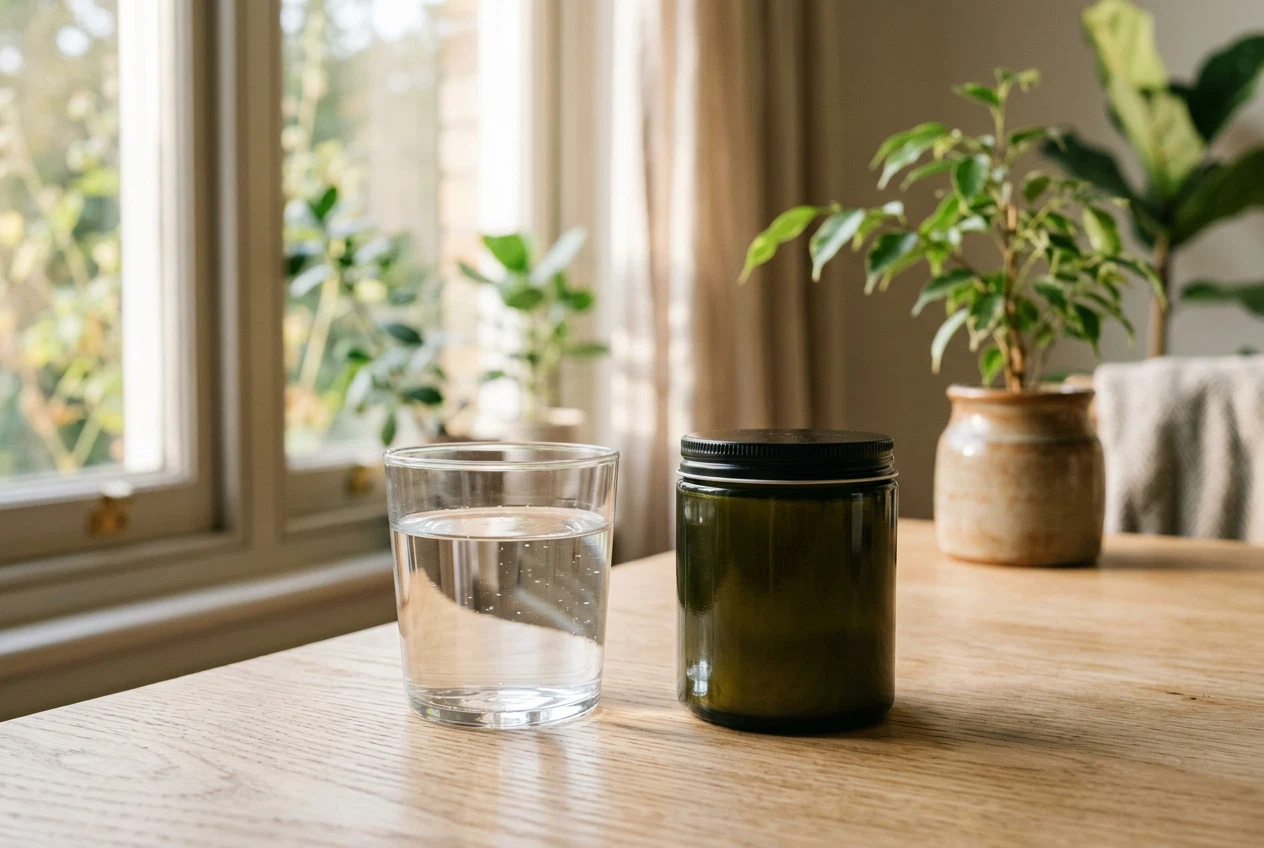 Glazen waterbeker naast een donkergroene pot supplement op een lichte houten tafel, ochtendlicht door een raam