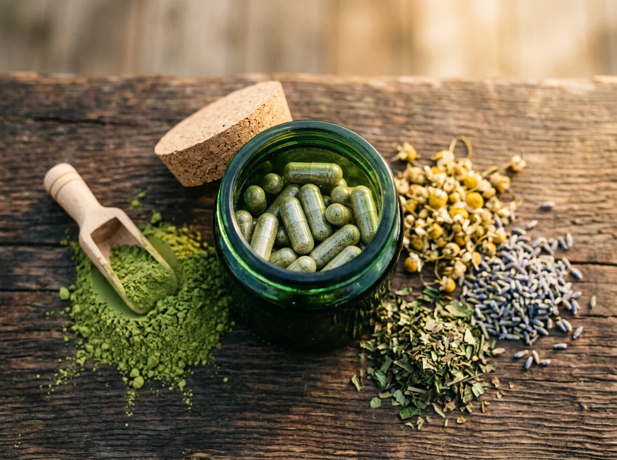 Bovenaanzicht van een open donkergroene pot supplement met capsules naast losse kruiden en groenteepoeder op een houten ondergrond