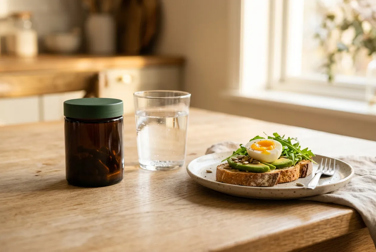 Donkergroene pot supplement naast een glas water en een ontbijtbord op een lichte tafel, ochtendlicht