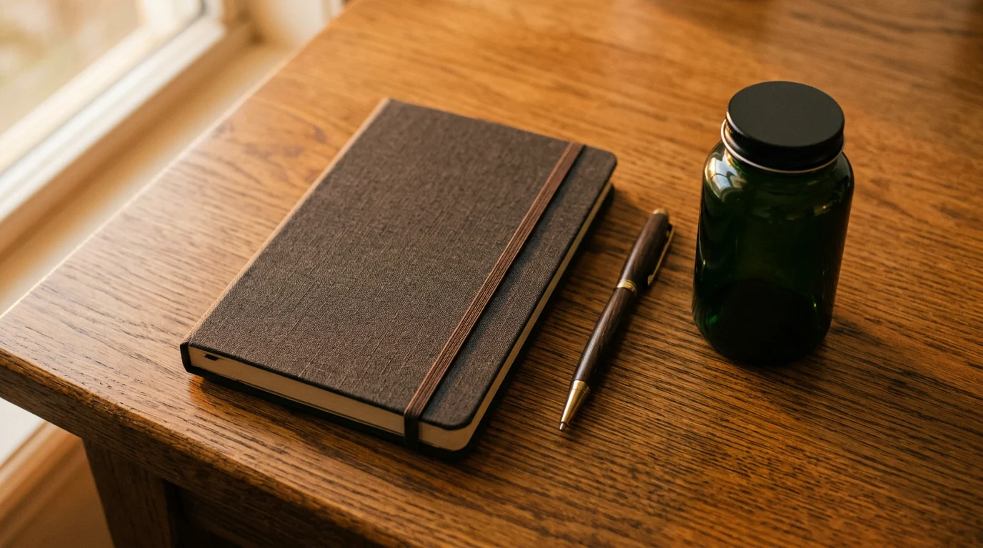 Bovenaanzicht van een houten bureau met een notitieboekje, een pen en een donkergroene pot supplement, warm goudkleurig licht