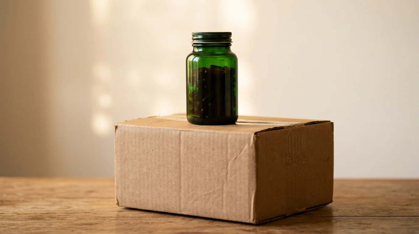 Een bruine verzendkartonnen doos met een donkergroene glazen pot supplement erop, neutrale achtergrond, warm licht