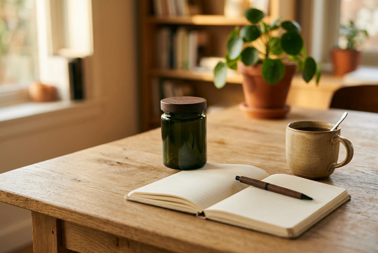 Licht houten bureau met een donkergroene pot supplement, een notitieboekje en een keramische mok, sfeervolle kantooromgeving