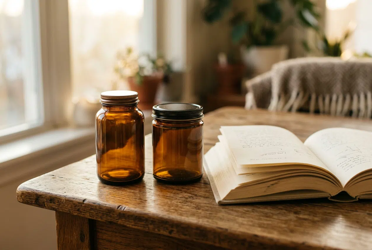 Twee verschillende supplementpotjes naast een opengeslagen boek op een houten tafel, diffuus daglicht