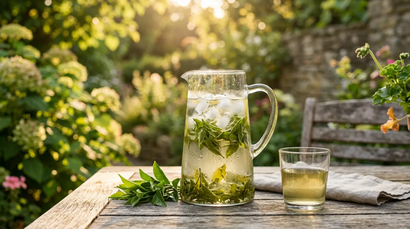 Een glazen kan koud water met ijsblokjes en groene theeblaadjes op een tuintafel, zomers zonlicht