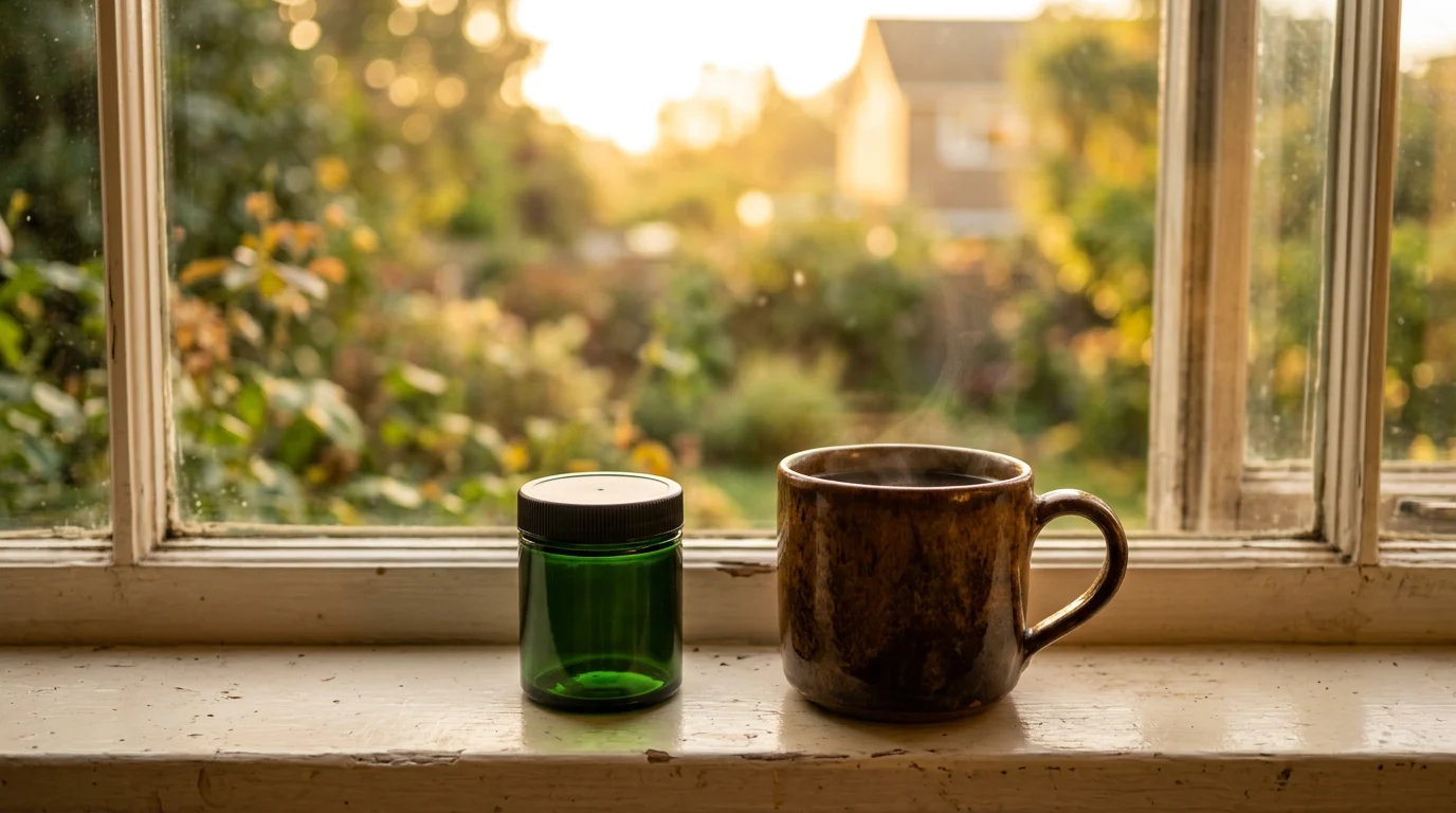 Een kleine glazen pot supplement op een vensterbank naast een koffiemok, ochtendlicht door het raam, goudtinten